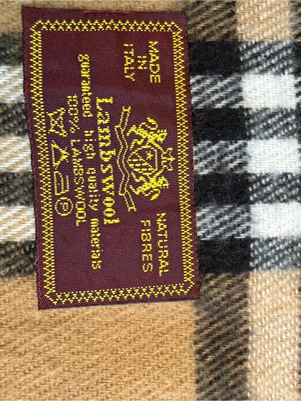 Lambswool Nova CheckTan Plaid Fringed Scarf Made in Italy